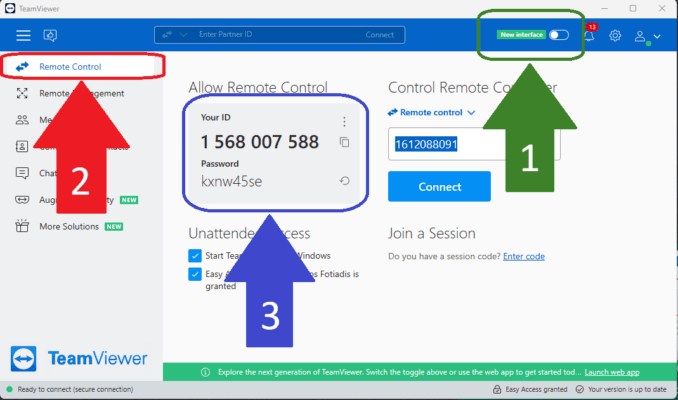 TeamViewer window with the New Interface toggle, Remote Control menu, and Your ID and Password fields highlighted