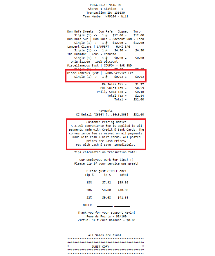 Printed TORO receipt showing the 2.85% Service Fee on a credit card sale