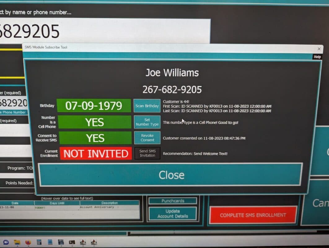 This shows a new customer that now needs SMS Consent.