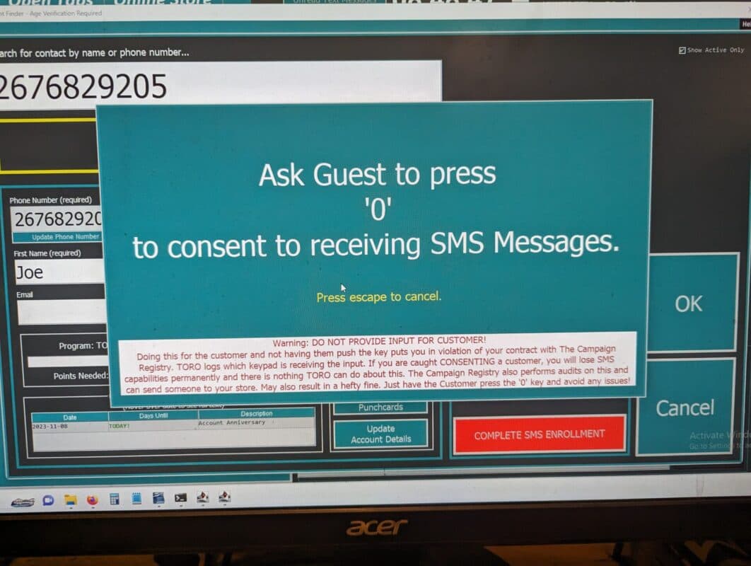 This shows the customer being asked to press “0” on their keypad to consent to SMS.