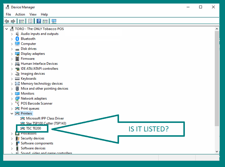 Windows Device Manager showing TSC TE200 listed under Printers