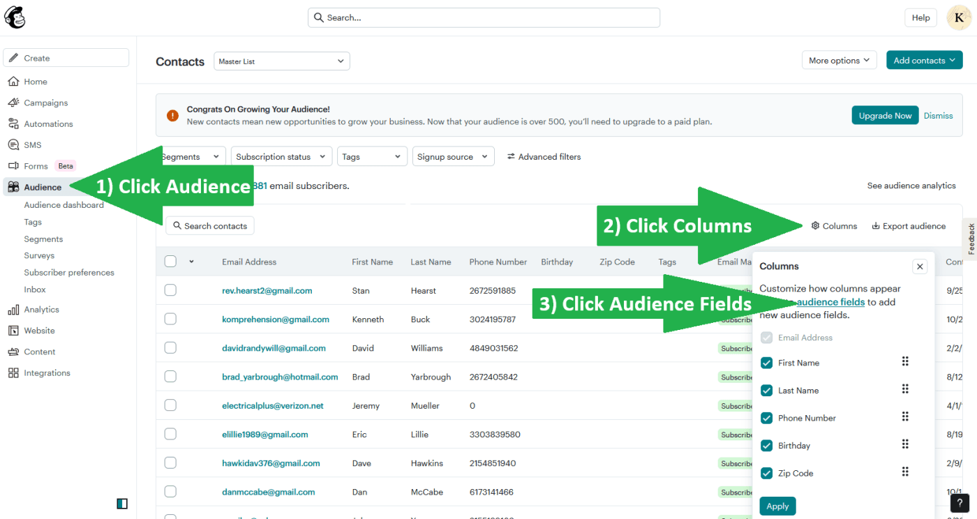 Mailchimp Contacts page showing how to open Audience Fields: click Audience, then Columns, then Audience Fields.