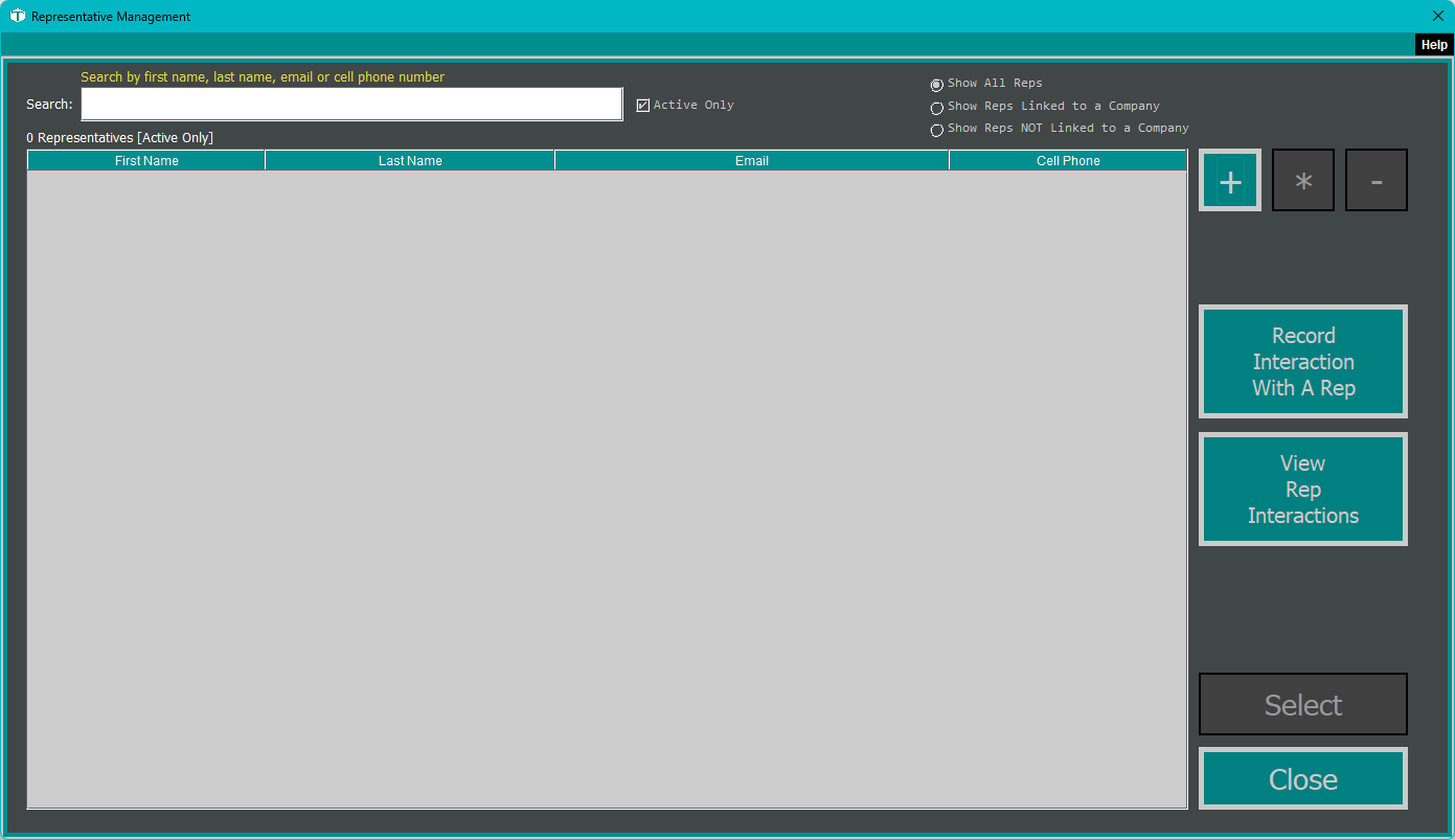 The Representatives management screen, a searchable list of sales reps with filter options for all reps, reps not linked to a company, and reps linked to a company.