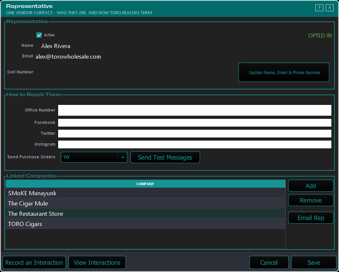 The Representative window, showing the Name, Email, and Cell Number fields, the How to Reach Them panel with Send Purchase Orders set to TO, and a Linked Companies table listing the vendor companies the rep covers.