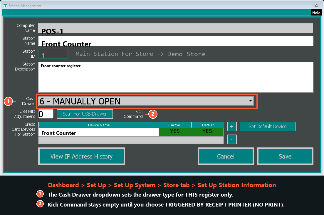 The Station Management screen. The Cash Drawer dropdown, highlighted, sits below the Station Description box and above the credit card device list. This is where the drawer type is chosen for the register you are currently sitting at.