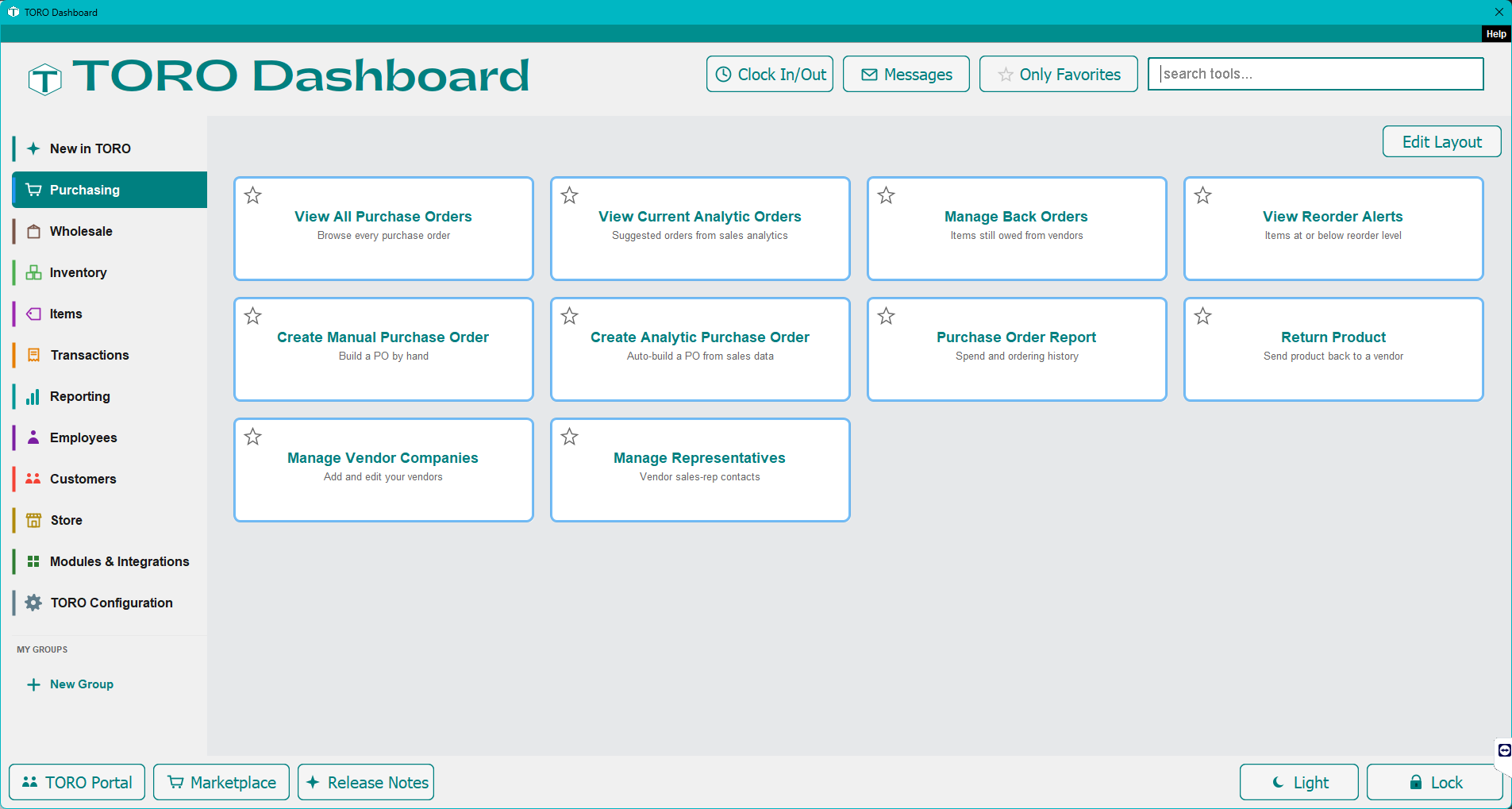 The Purchasing tab of the TORO dashboard, showing cards for building purchase orders, viewing them, and managing vendors and representatives.