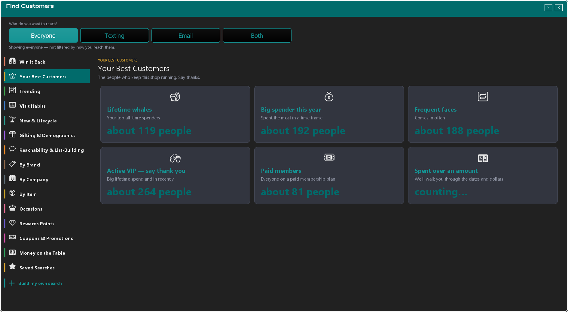 The Find Customers screen, showing the Your Best Customers scenario cards
