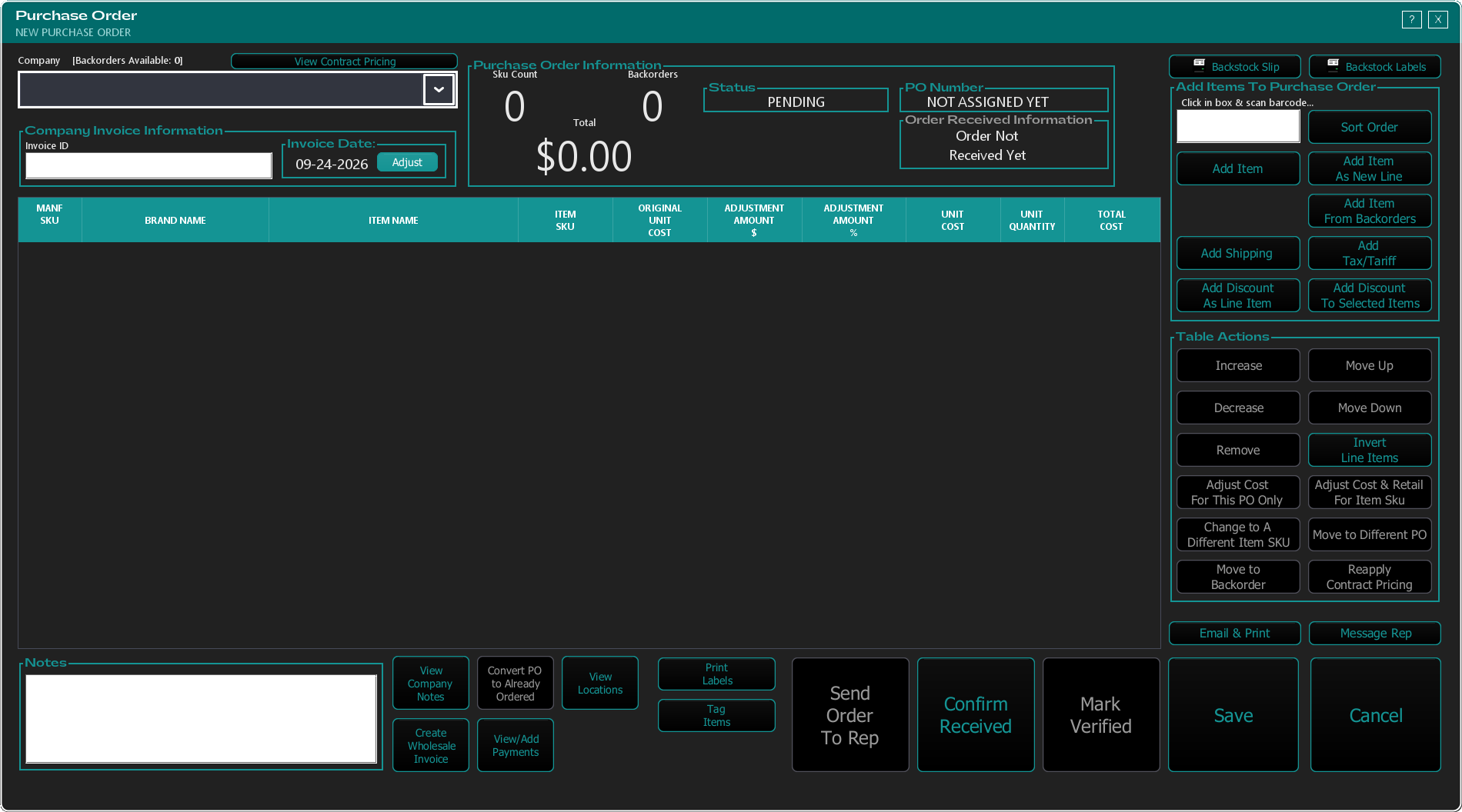 The Purchase Order window for a new order, with no vendor selected yet and an empty line-item table, showing the Company, Invoice ID, and Invoice Date fields at the top and the item-adding buttons and action buttons around the table.