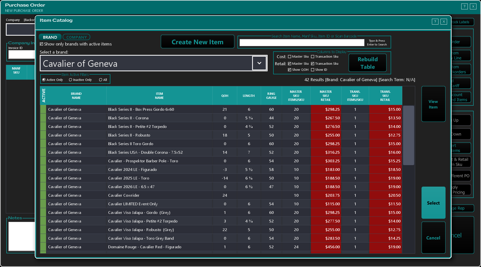 The item catalog picker that opens from Add Item, filtered by brand, listing each item with its quantity on hand and retail price so you can choose what to put on the order.