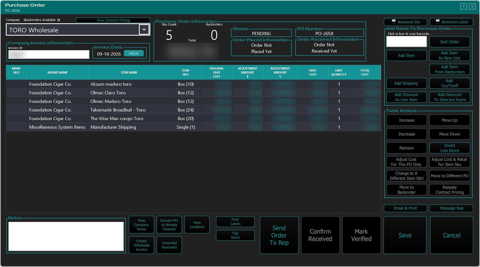 The Purchase Order Editor with several items on the order, showing the line-item table filled in with quantities and costs and a running SKU count and total.