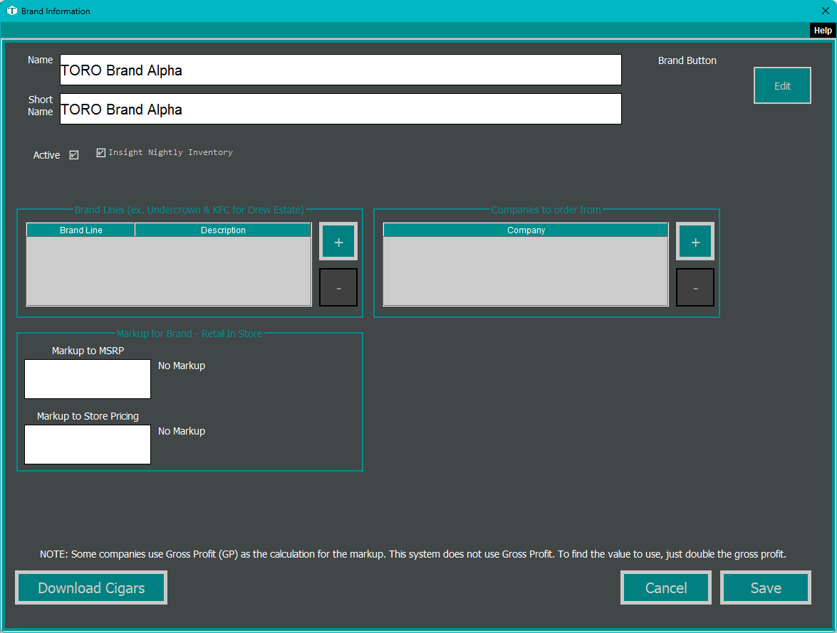 The Brand Editor dialog, showing the Name and Short Name fields, markup settings, a Brand Lines list, and the Companies table where the vendor you order the brand from is linked.