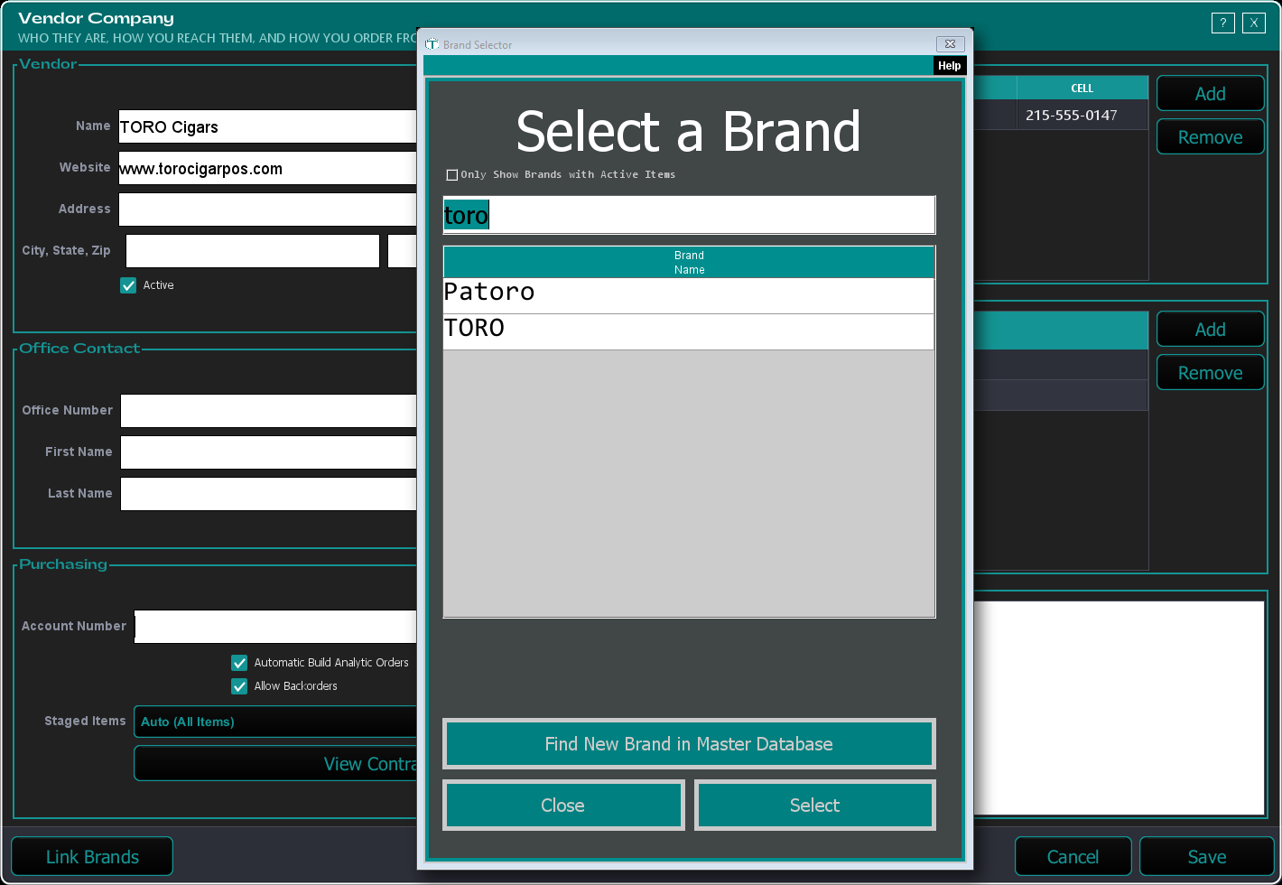 Linking a brand from the vendor side: the Vendor Company window with a brand selector popup open, searching for and choosing a brand to attach to the vendor.