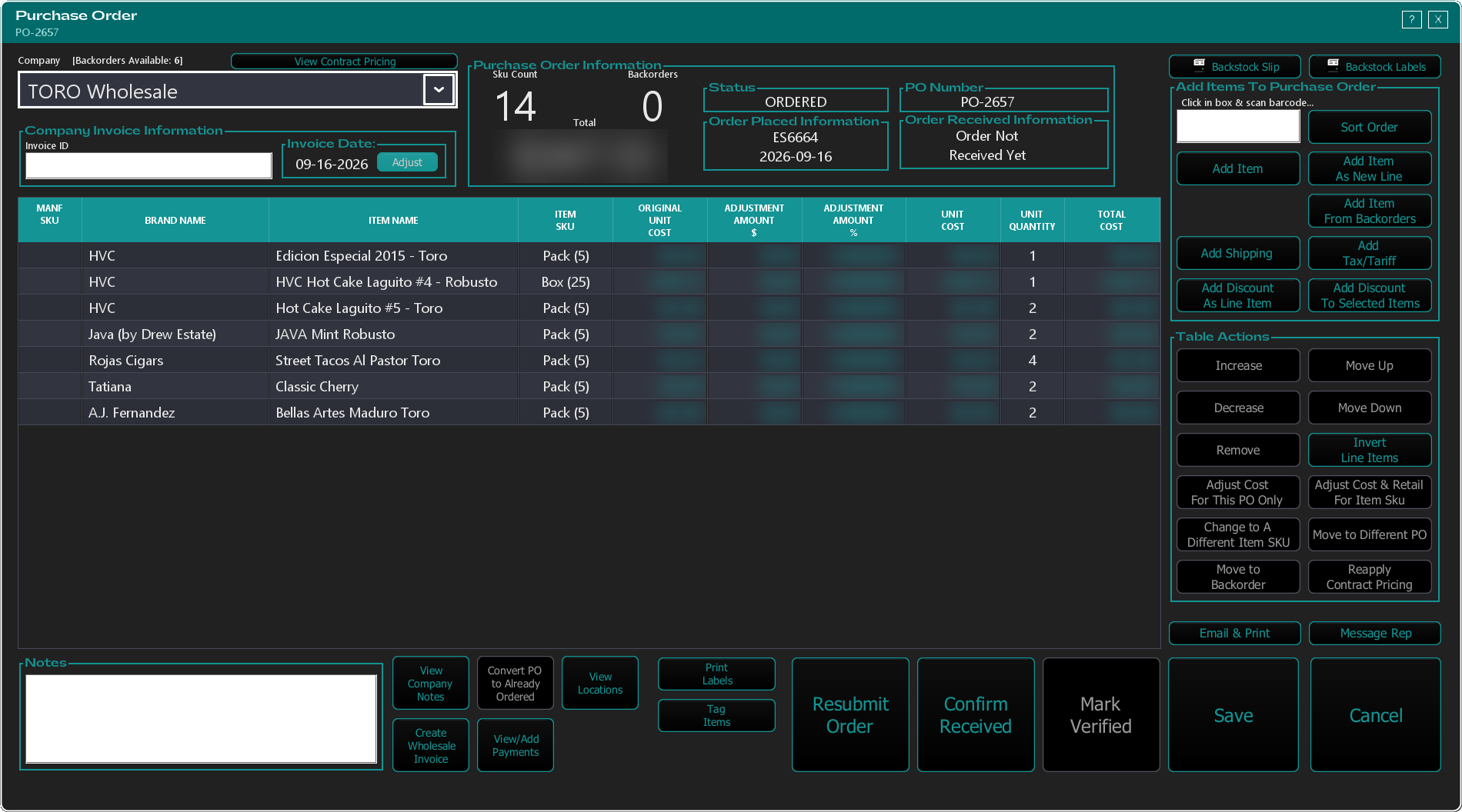 The Purchase Order Editor for an ordered purchase order, with the Confirm Received button available at the bottom to receive the shipment into inventory.