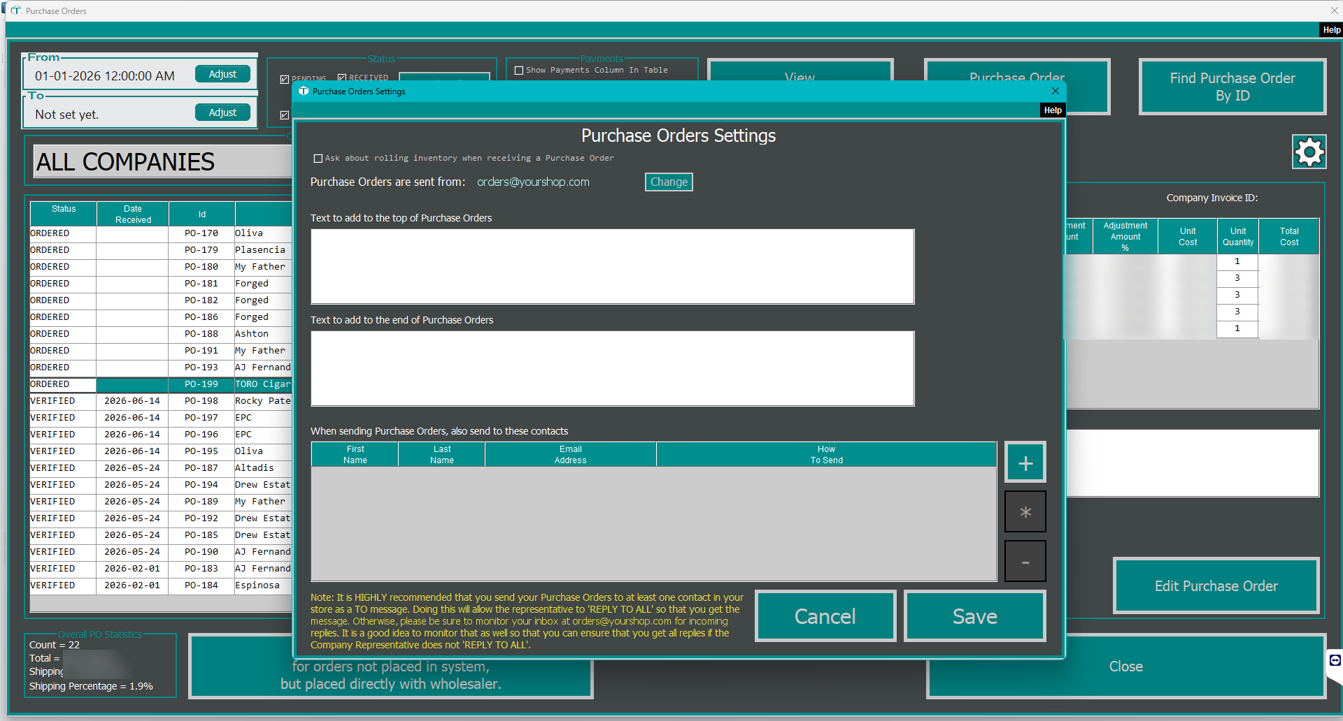 The Purchase Orders Settings dialog, with the checkbox labeled