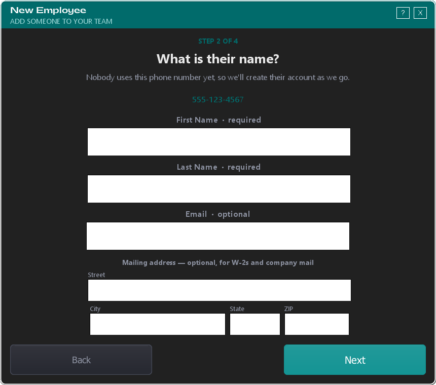 Step 2 — first name, last name, and optional mailing address