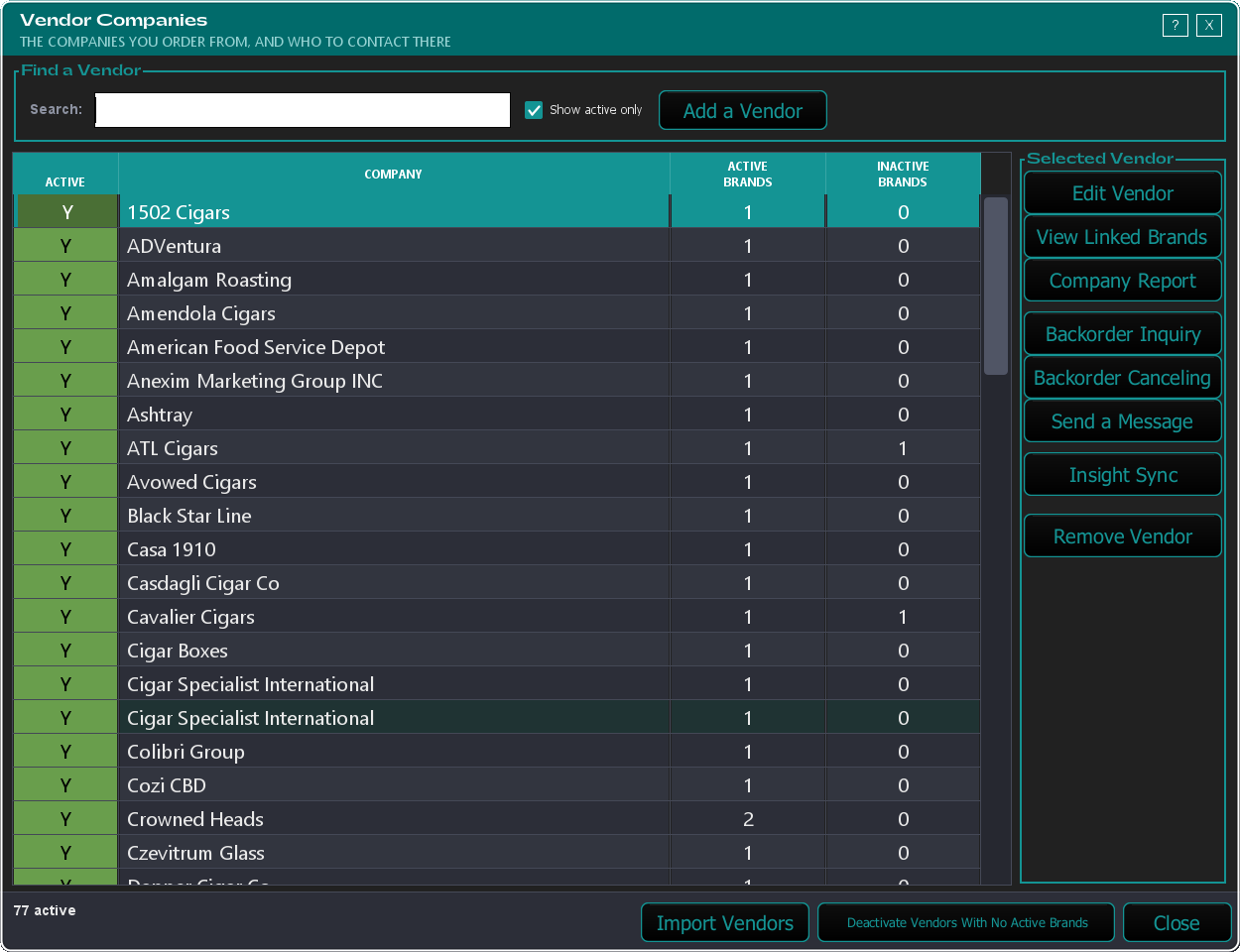 The Vendor Companies screen, a list of vendor companies with columns for name, active status, and linked brands, plus add, edit, and remove buttons and a search box.