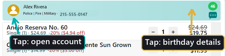 The customer strip, with the profile avatar and age circle marked