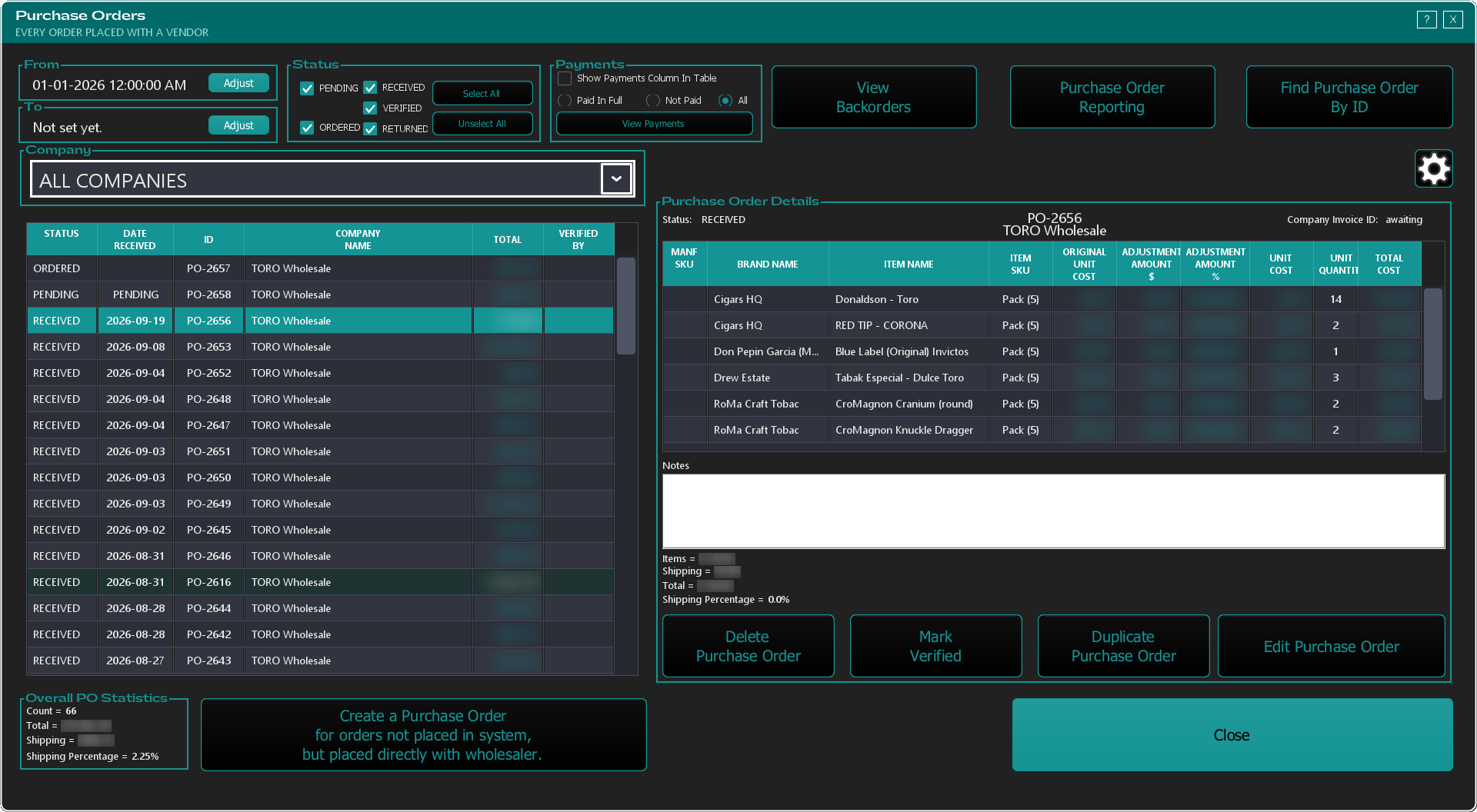 The Purchase Orders viewer with a received order selected, showing the Mark Verified button in the detail panel on the right.