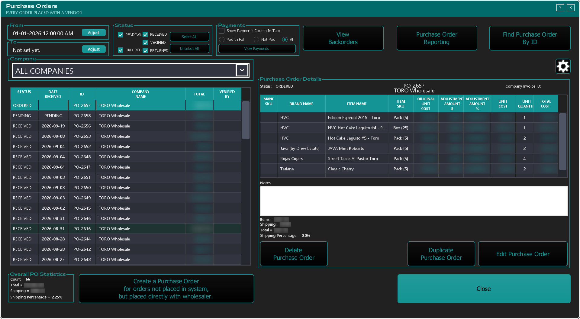 The Purchase Orders viewer, with a color-coded list of orders on the left, date and company and status filters, and a Purchase Order Details panel on the right showing the selected order's line items and totals.