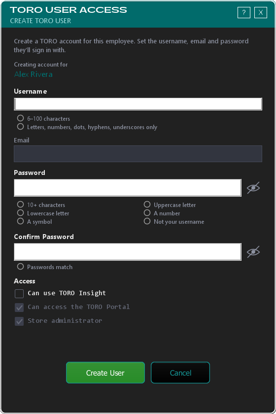Creating a TORO account for an employee