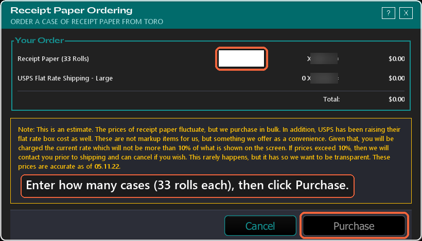 The Receipt Paper Ordering window