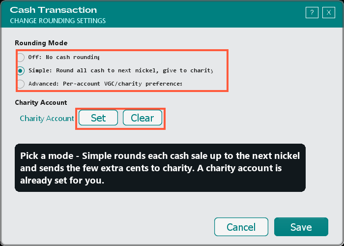 The Cash Transaction Rounding window