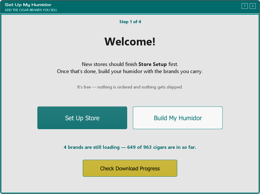 The Set Up My Humidor Welcome screen, with Set Up Store and Build My Humidor