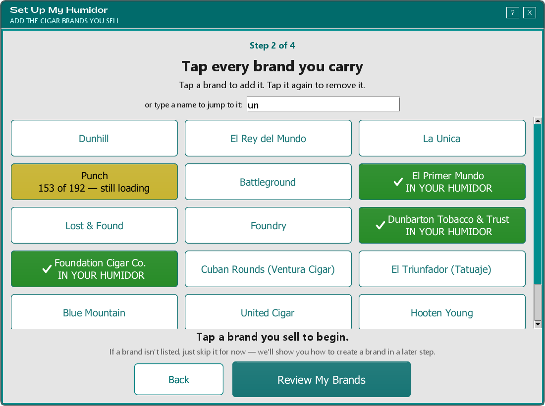The brand wall filtered by typing in the search box, showing plain, yellow still-loading and green IN YOUR HUMIDOR buttons