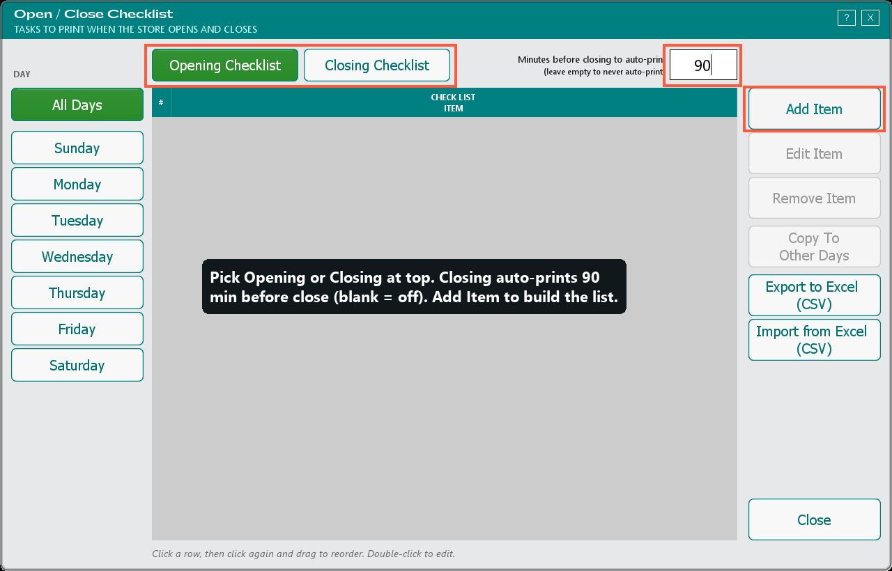 The Open / Close Checklist window