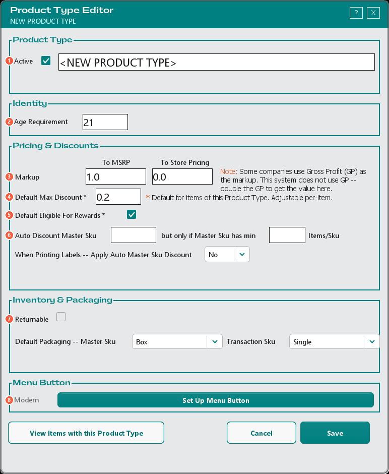 The Product Type editor with its settings numbered 1 to 8