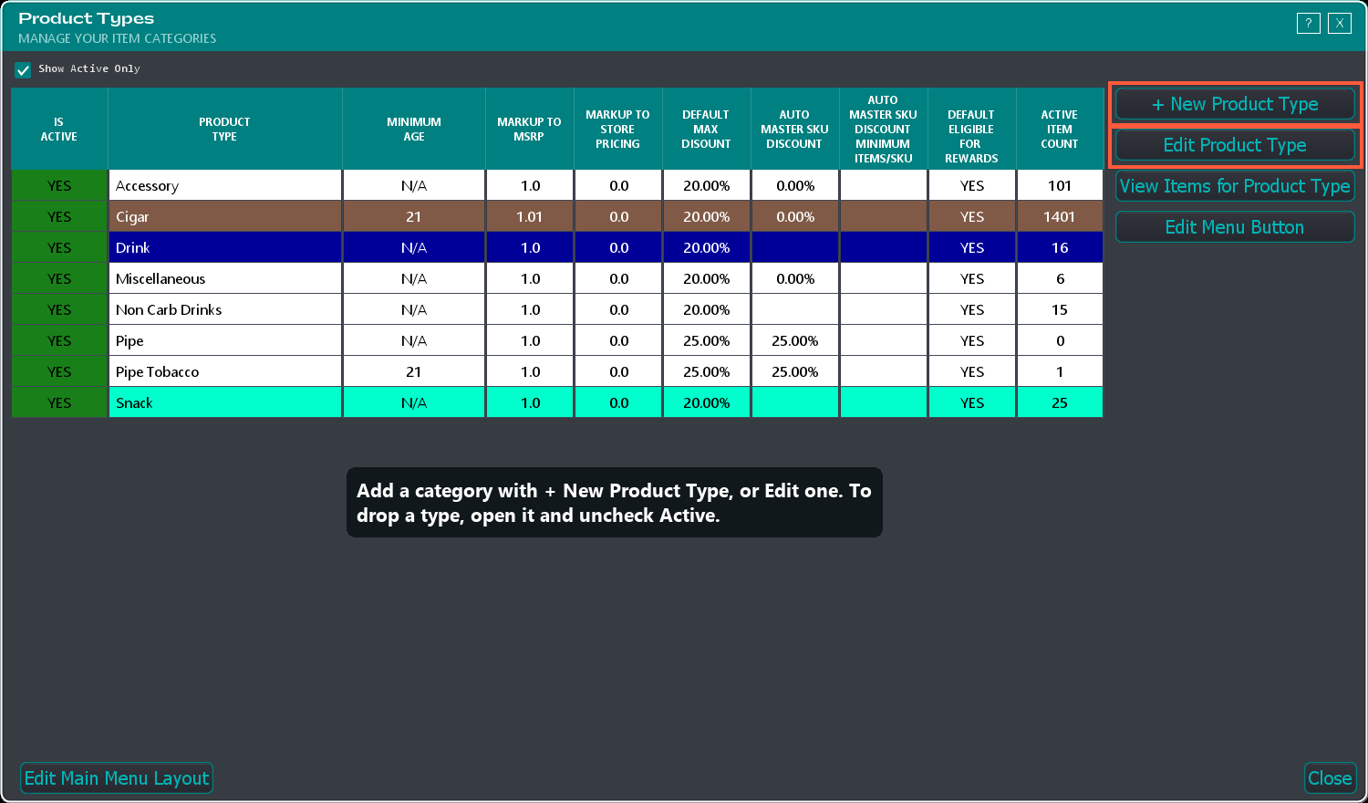 The Product Types window