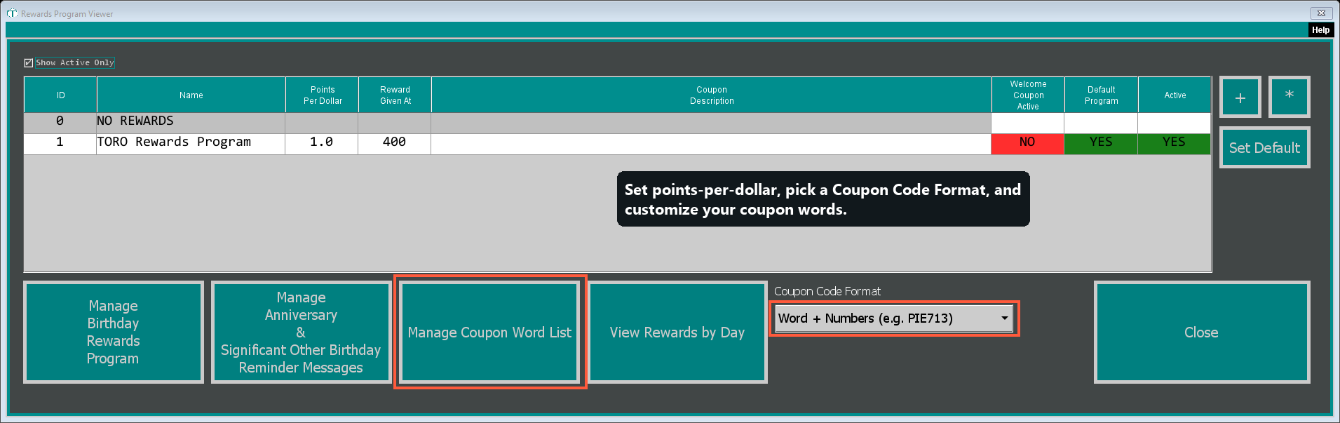 The Rewards Program Viewer window