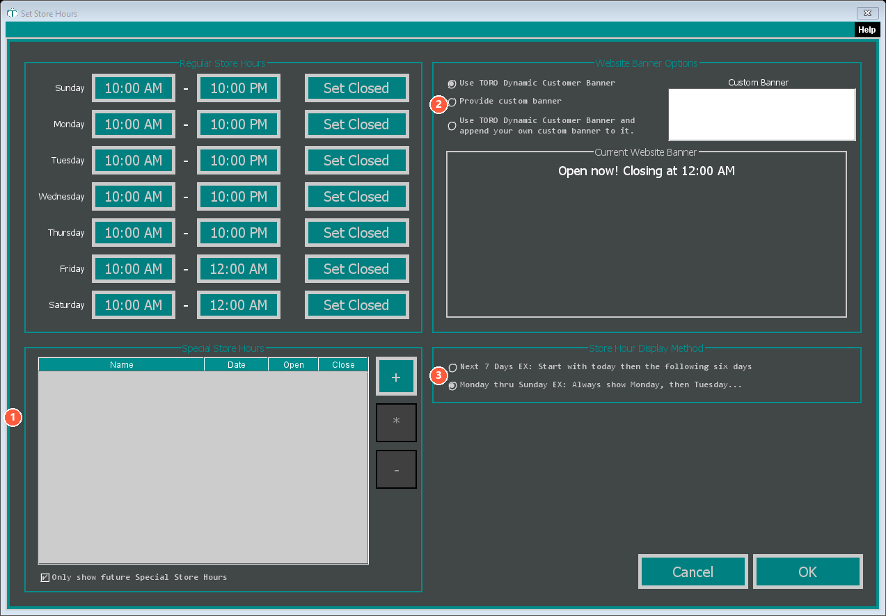The Set Store Hours window with the optional features numbered 1 to 3